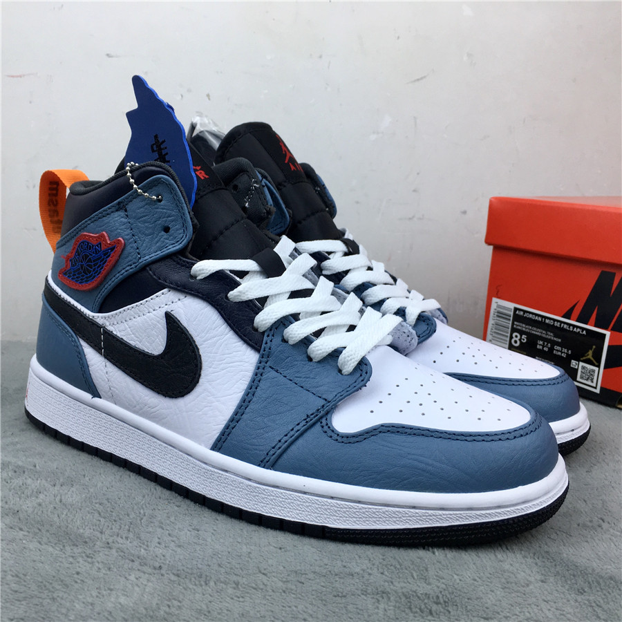 Women Facetasm x Air Jordan 1 Mid Fearless Blue White Black Shoes - Click Image to Close